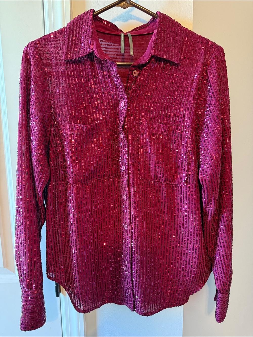 Anthropologie Fuchsia Sequin Button-Down Blouse